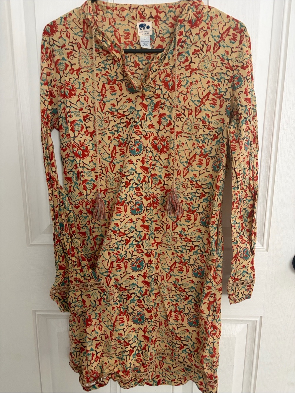 John Robshaw for Lucky Brand, Beige Floral Long-Sleeve Tunic Dress